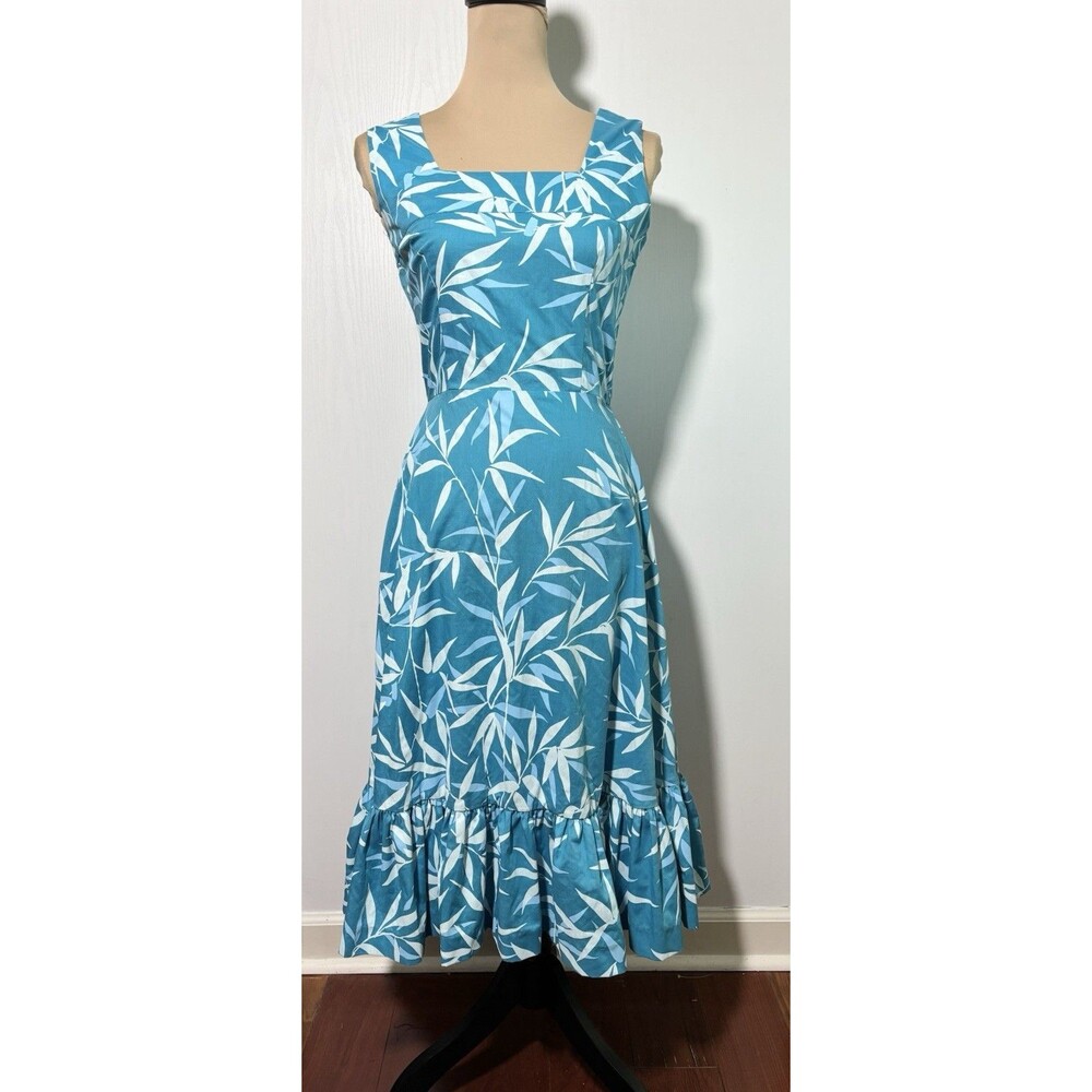 Ruth Clarage Dress Womens Sm Vintage 10 Blue Bamboo Hand Printed Midi Ruffle